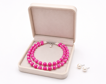 Pink jade beaded double strand necklace with pearl stud earrings faceted jade beads, white pearl accents. 2