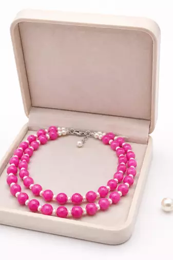 Pink jade beaded double strand necklace with pearl stud earrings faceted jade beads, white pearl accents.