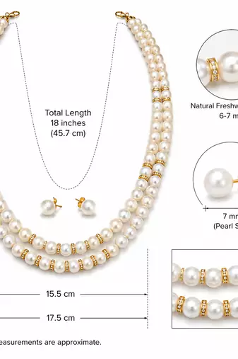 Double strand pearl necklace set with gold rondelle spacers includes stud earrings, layered design.
