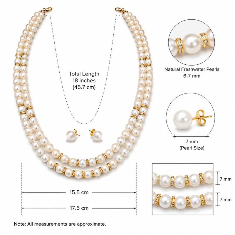 Double strand pearl necklace set with gold rondelle spacers includes stud earrings, layered design.