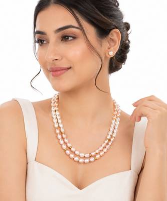 Freshwater pearl double strand necklace and earrings set pink & white pearls, gold-tone spacers. rice pearls. 1
