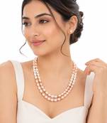Freshwater pearl double strand necklace and earrings set pink & white pearls, gold-tone spacers. rice pearls.