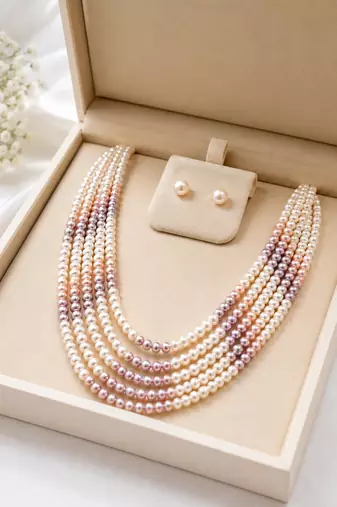Multi-strand pearl necklace set with stud earrings, multicolour 7 layers, white & mauve tones, freshwater.