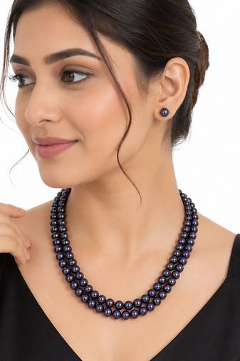 Black pearl double strand necklace and stud earrings set double strand design, stud earrings included.