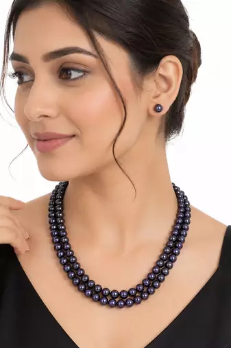 Black pearl double strand necklace and stud earrings set double strand design, stud earrings included.