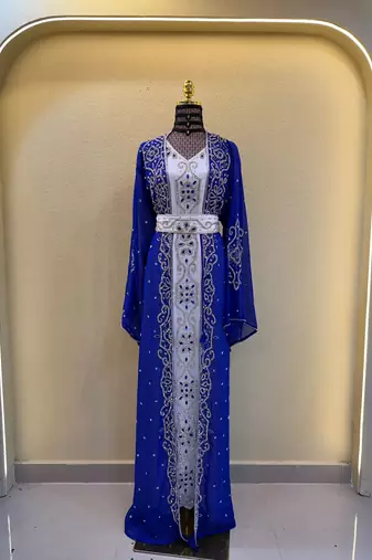 Luxury Royal Blue Islamic Stitched Kaftan with Intricate Embroidery  Stone Bedded Work Dress