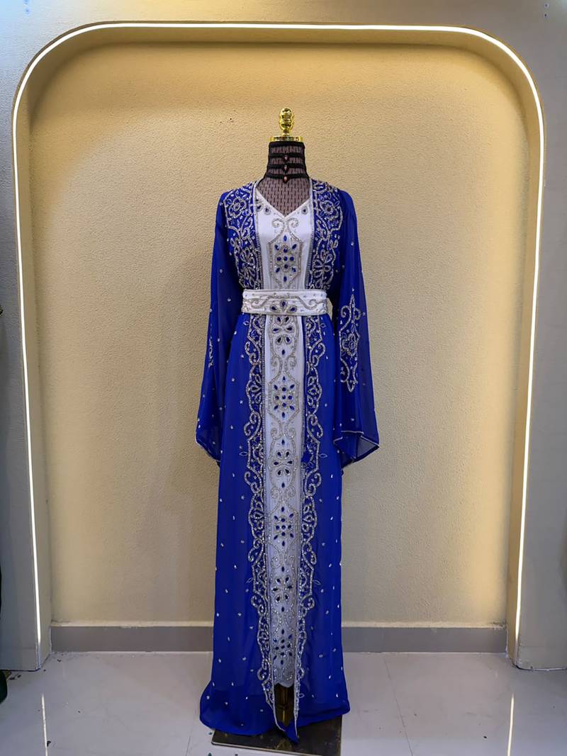 Luxury Royal Blue Islamic Stitched Kaftan with Intricate Embroidery  Stone Bedded Work Dress
