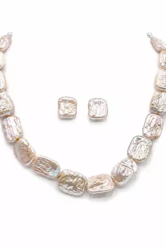 Baroque freshwater pearl necklace and earrings set, white irregular pearl shape, lustrous finish, stud.