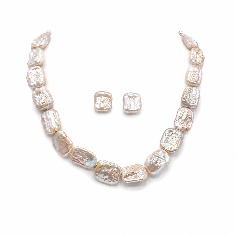 Baroque freshwater pearl necklace and earrings set, white irregular pearl shape, lustrous finish, stud.