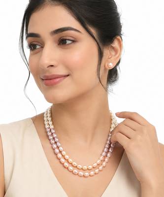 Freshwater pearl necklace set with stud earrings, multi-colour double strand, rice-shaped pearls, velvet gift box. 1