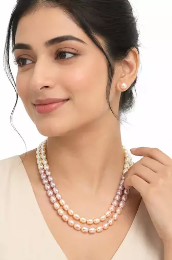 Freshwater pearl necklace set with stud earrings, multi-colour double strand, rice-shaped pearls, velvet gift box.