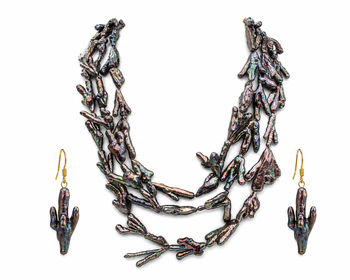 Baroque pearl necklace and earring set, dark iridescent multi-strand necklace, cactus-shaped earrings. 3