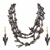Baroque pearl necklace and earring set, dark iridescent multi-strand necklace, cactus-shaped earrings.