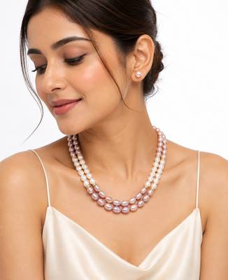 Freshwater pearl necklace set with stud earrings, pink & white 3-strand layered, oval pearl beads, gold-tone spacers. 1