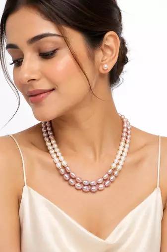 Freshwater pearl necklace set with stud earrings, pink & white 3-strand layered, oval pearl beads, gold-tone spacers.