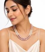 Freshwater pearl necklace set with stud earrings, pink & white 3-strand layered, oval pearl beads, gold-tone spacers.