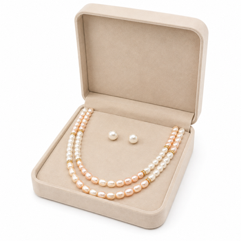 Double strand pearl necklace set with stud earrings, pink & white gold-tone spacers, oval pearl beads. 2