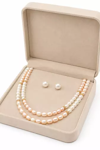 Double strand pearl necklace set with stud earrings, pink & white gold-tone spacers, oval pearl beads.