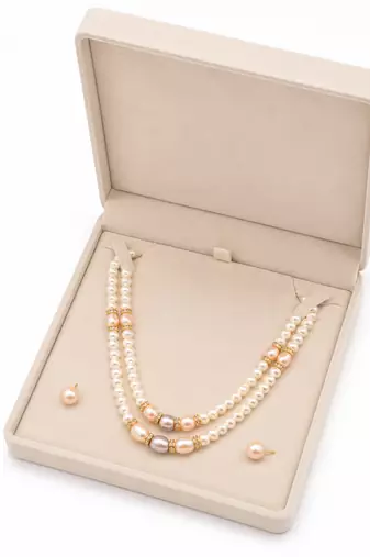 Double strand pearl necklace set with gold-tone spacers includes stud earrings, multi-colour pearls, oval & round beads.