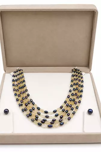 Black freshwater pearl & citrine bead multi-strand necklace set with stud earrings.