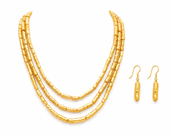 Gold-toned 3-layer beaded necklace and earrings jewellery set cylindrical beads. 2