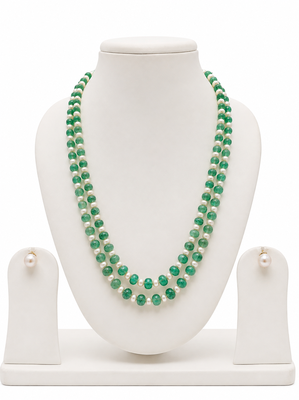 Double strand green beads and pearl necklace set with earrings. 2