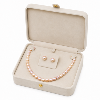 Freshwater pearl necklace and stud earrings set, pink rice-shaped pearls, stud earrings included, graduated design. 2