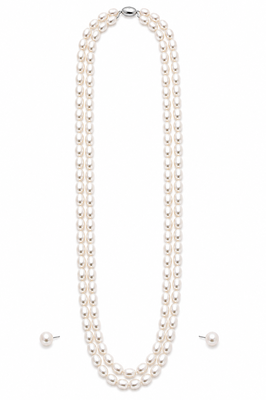 Double strand oval pearl necklace and earrings set, white long mala style, silver-tone clasp, stud earrings included. 3