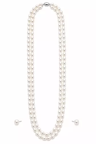 Double strand oval pearl necklace and earrings set, white long mala style, silver-tone clasp, stud earrings included.