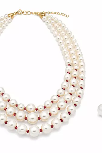 Pearl necklace and earring set, 3-layer with ruby beads gold-tone clasp, stud earrings included.