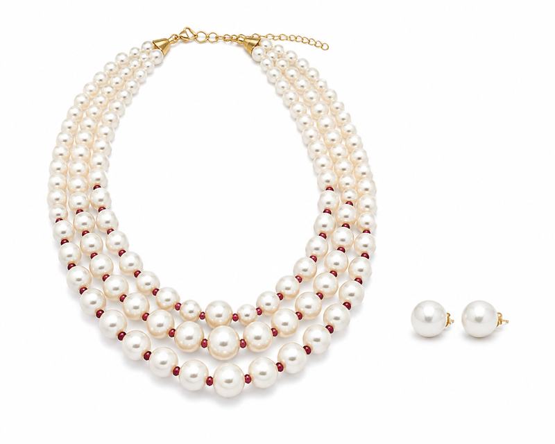 Pearl necklace and earring set, 3-layer with ruby beads gold-tone clasp, stud earrings included.