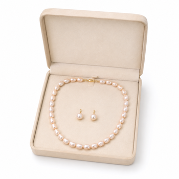 Freshwater pearl necklace and earrings set, white oval beads graduated design, drop earrings included, gold-tone clasp. 2