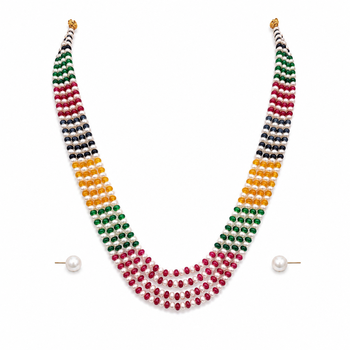 Multicolour pearl and gemstone beaded multi-strand necklace set with stud earrings, 5-layer strands. 3