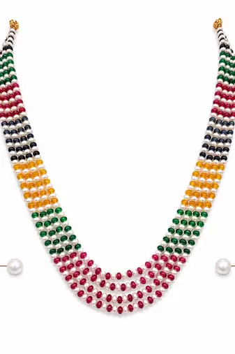 Multicolour pearl and gemstone beaded multi-strand necklace set with stud earrings, 5-layer strands.