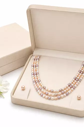 Freshwater pearl 3-layer necklace and stud earrings jewellery set multi-colour pearls, oval rice shape.