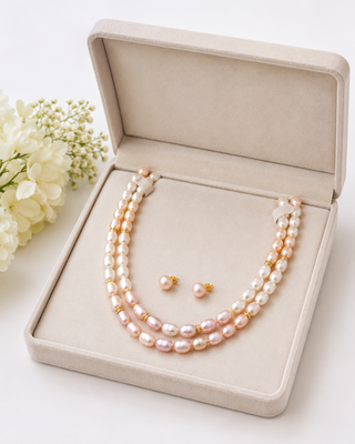 Freshwater pearl double strand necklace and earrings set pink & white pearls, gold-tone spacers. rice pearls. 2