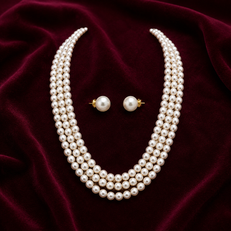 3-layer pearl necklace and earring set, white stud earrings included, gold-tone clasp, layered design.