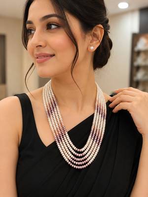 Multi-strand pearl necklace set with stud earrings, multicolour 7 layers, white & mauve tones, freshwater. 3