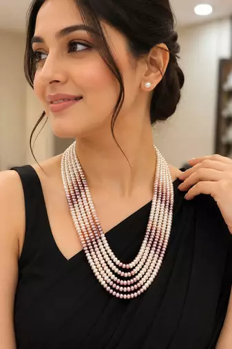 Multi-strand pearl necklace set with stud earrings, multicolour 7 layers, white & mauve tones, freshwater.