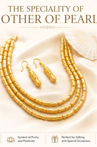 Gold-toned 3-layer beaded necklace and earrings jewellery set cylindrical beads.