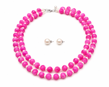 Pink jade beaded double strand necklace with pearl stud earrings faceted jade beads, white pearl accents. 3