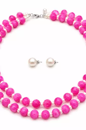 Pink jade beaded double strand necklace with pearl stud earrings faceted jade beads, white pearl accents.