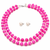 Pink jade beaded double strand necklace with pearl stud earrings faceted jade beads, white pearl accents.