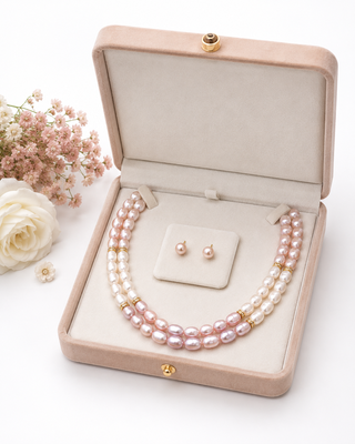Freshwater pearl necklace set with stud earrings, pink & white 3-strand layered, oval pearl beads, gold-tone spacers. 2