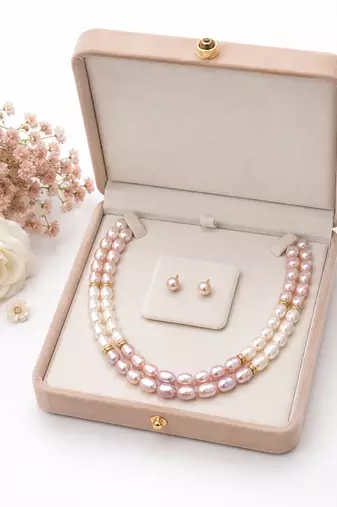 Freshwater pearl necklace set with stud earrings, pink & white 3-strand layered, oval pearl beads, gold-tone spacers.