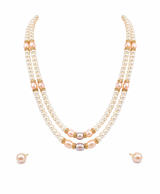 Double strand pearl necklace set with gold-tone spacers includes stud earrings, multi-colour pearls, oval & round beads. 3