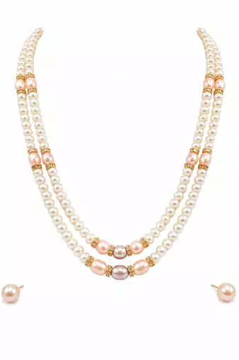 Double strand pearl necklace set with gold-tone spacers includes stud earrings, multi-colour pearls, oval & round beads.