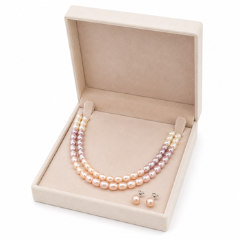 Freshwater pearl necklace set with stud earrings, multi-colour double strand, rice-shaped pearls, velvet gift box. 2