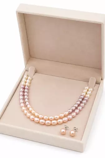 Freshwater pearl necklace set with stud earrings, multi-colour double strand, rice-shaped pearls, velvet gift box.
