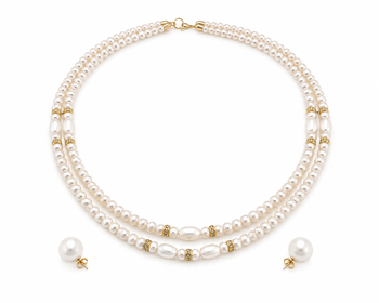 Double strand pearl necklace set with stud earrings, white gold-tone accents, oval & round pearls. 3